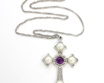 Vintage 1970s Sarah Coventry Large Cross Necklace, Coventry Imitation Pearl and Purple Plastic Silver Tone Cross Necklace, Vintage Jewelry