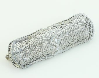 Antique Diamond 14K White Gold Filigree Brooch, 14K Filigree Diamond Pin, Edwardian Diamond Brooch, Something Old Pin, Vintage Jewelry