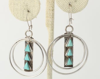Vintage Turquoise Triangle Sterling Dangle Earrings, Southwestern Turquoise, Turquoise Silver Drop Earrings 1 7/8 Inch Long, Vintage Jewelry