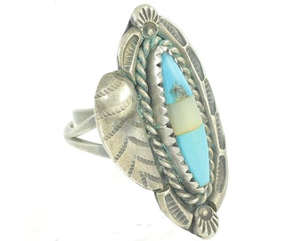 Vintage Turquoise Mother of Pearl Southwest Silver Ring - Sterling Feather Dew Drop Ring Size 6 1/2 - c1960 - Vintage Jewelry