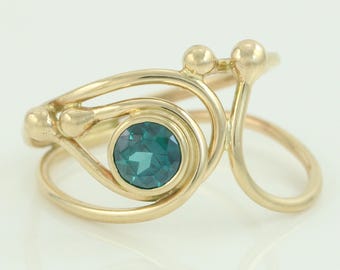 Vintage 14K Abstract Ring with Lab-Created Spinel, 14K Blue-Green Synthetic Spinel Ring, 1980s 14K Handmade Artisan Ring, Vintage Jewelry