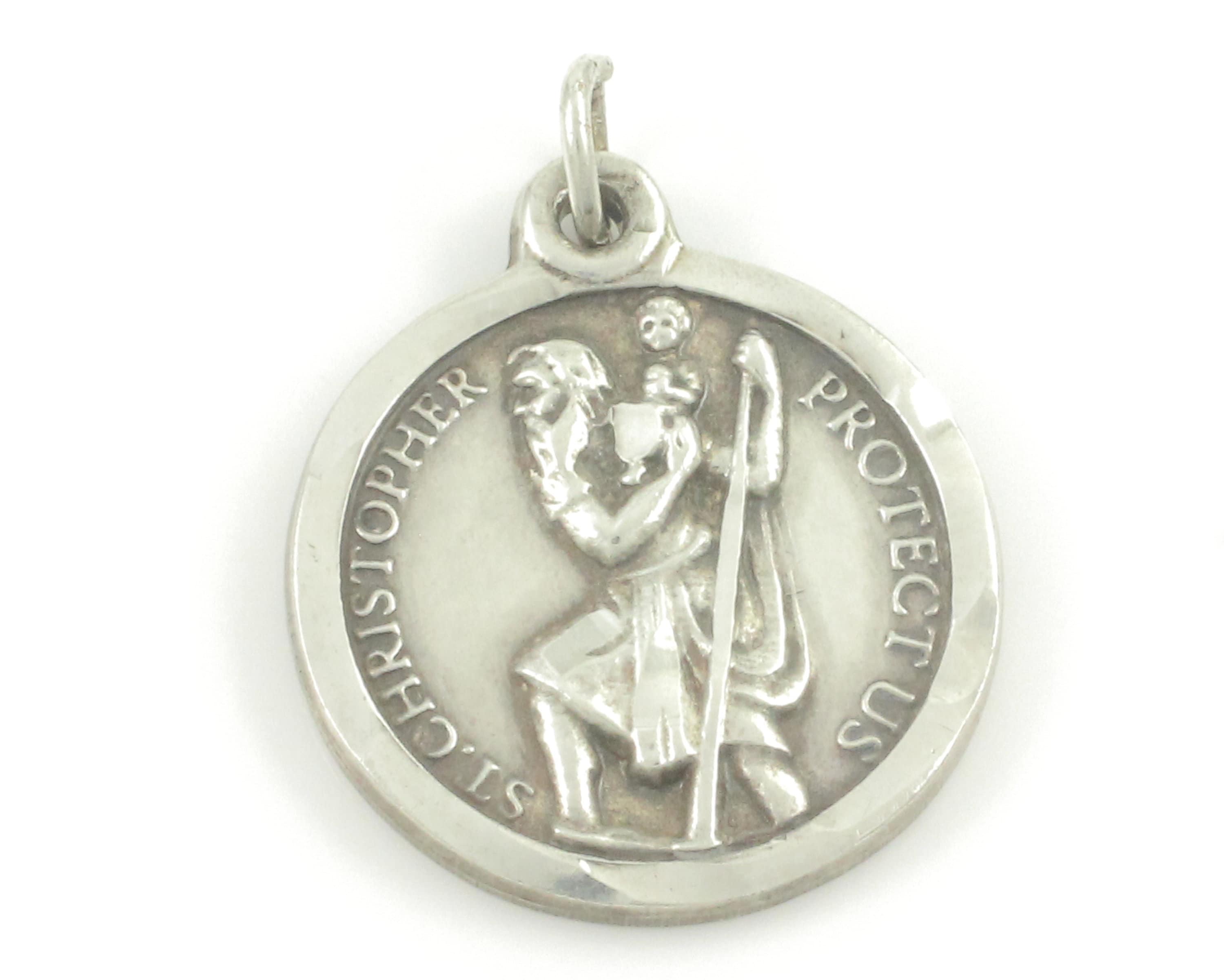 Vintage St. Christopher Protect Us Blue Enamel Double Sided Surfer Necklace  Pendant Charm & Chain