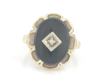 Vintage Onyx Diamond Ring, 10K Yellow Gold Oval Black Onyx Ladies Ring, Solid 10K Black Onyx .02 CT Diamond Ring Size 4.75, Vintage Jewelry