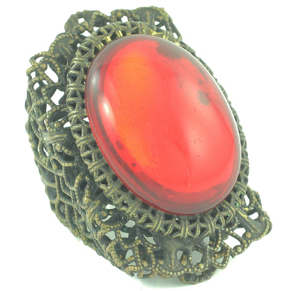Huge Glam Brass Filigree Ruby Red Glass Cabochon Victorian Revival Ring - Kim Craftsmen 1960s Handmade New York - Size 6.75- Vintage Jewelry