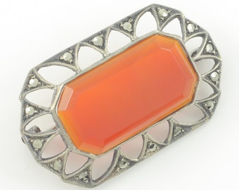 Edwardian Carnelian Marcasite Sterling Silver Brooch, Carnelian Marcasite Openwork Frame Lapel Pin, German Carnelian Brooch, Vintage Jewelry