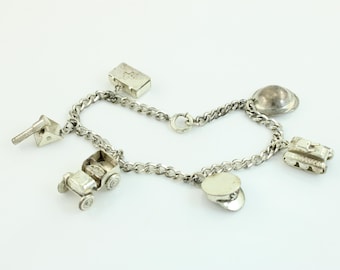 Vintage WWII Sterling Silver Charm Bracelet, 1940s Sterling Military Sweetheart Charm Bracelet, US Army Charm, Helmet Charm, Vintage Jewelry