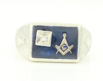 Vintage Blue Lodge Mason Ring, Vintage Mens Masonic 10K White Gold Ring Sz 12, 10K Created Blue Sapphire Square Compass Ring,Vintage Jewelry