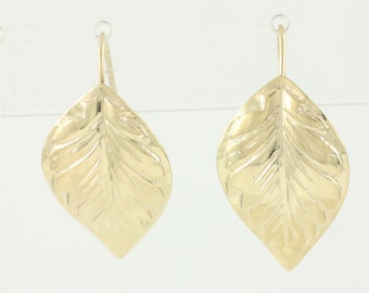 Vintage 14K Leaf Dangle Earrings, 1990s 14K Yellow Gold Embossed Leaf Earrings, 14K Siolid Gold Natural Leaf Drop Earrings, Vintage Jewelry