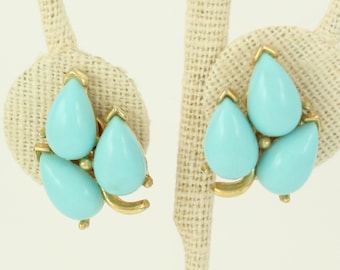 Vintage Trifari Gold Tone Simulated Turquoise Earrings, 1960s Trifari Turquoise Color Cluster Clips, Crown Trifari Earrings, Vintage Jewelry