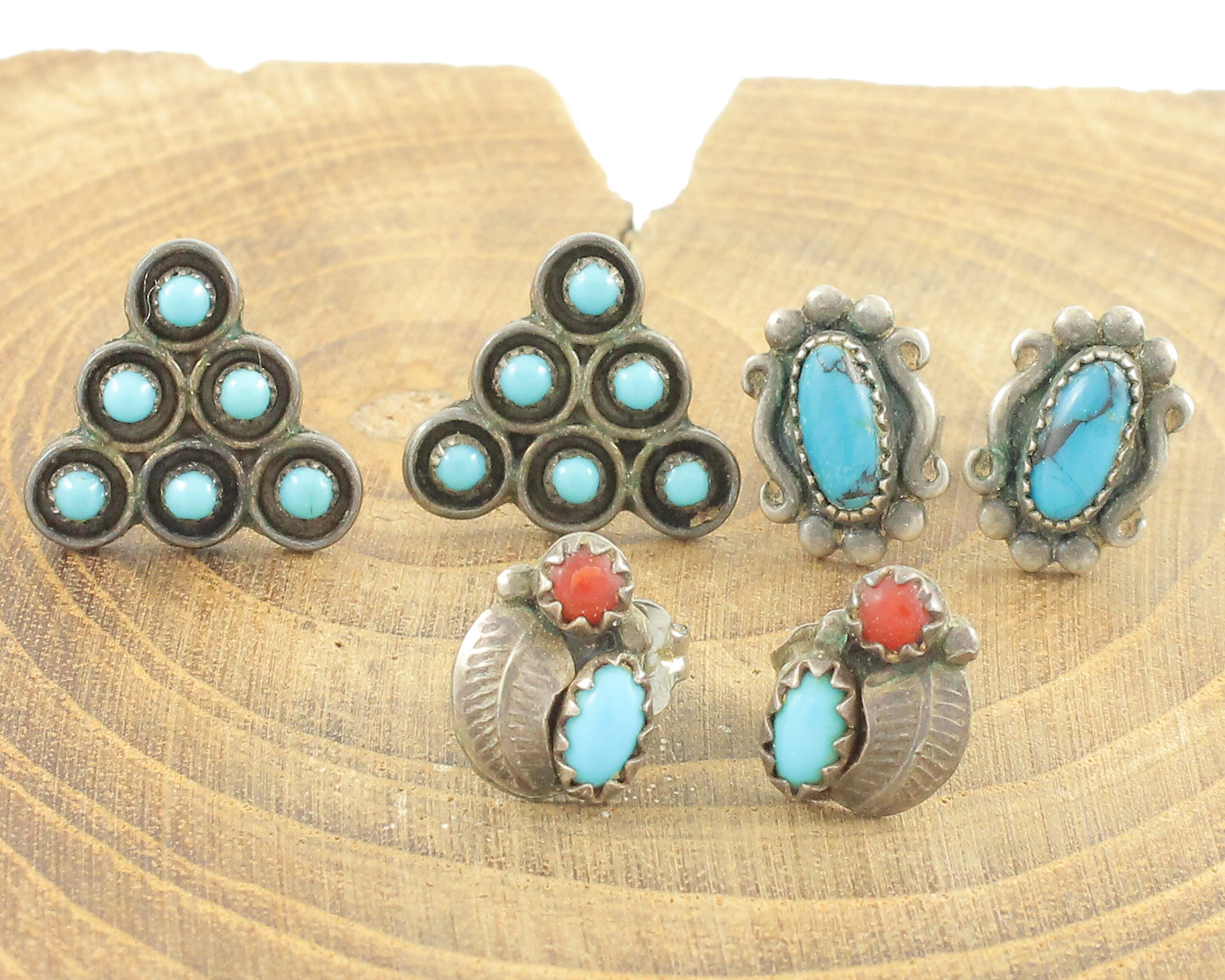 3 Pair of Sterling Silver Turquoise Coral Earrings Lot of 3 Pair