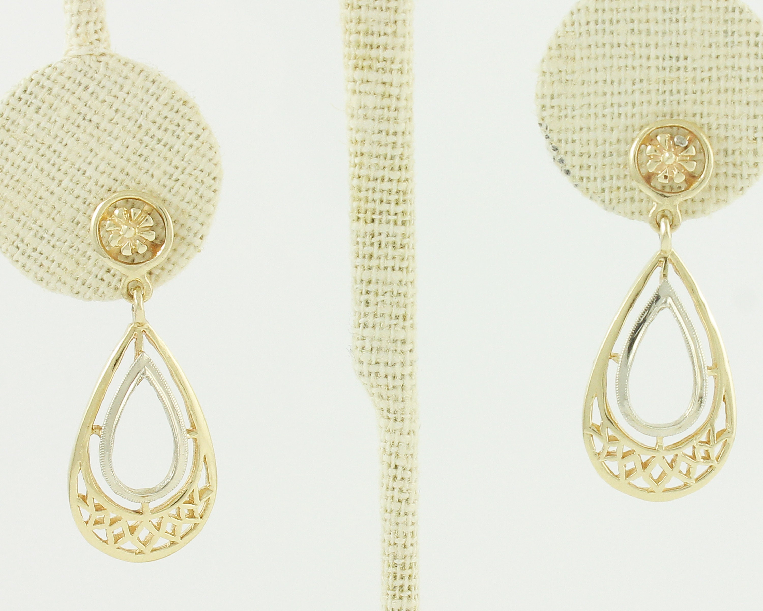 Vintage Gold Filigree Dangle Earrings 14K Yellow White Gold Teardrop Dangles with Pierced
