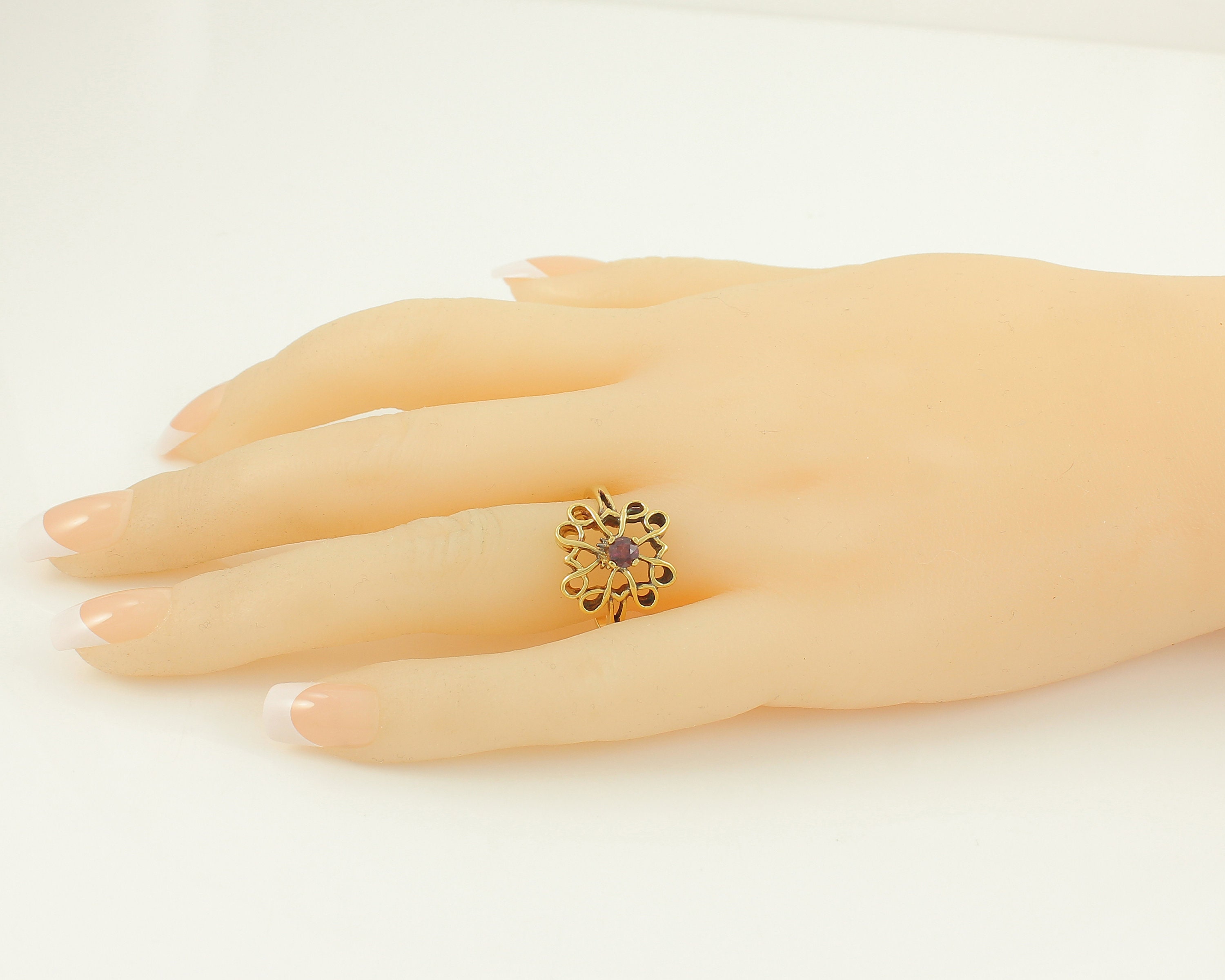 Vintage Garnet Sterling Silver Vermeil iIng Vintage Avon Garnet 925 10K Gold Wash Ring Avon Letter A Logo Size 7.75 Ring Vintage Jewelry