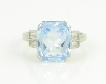 Vintage 14K Light Blue Spinel Ring, 14K White Gold Lab Created Spinel White Topaz Ring, 1940s Blue Lab Spinel Size 6.75 Ring,Vintage Jewelry
