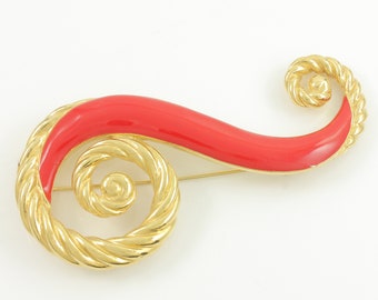 Vintage Trifari 1980s Red Enamel Swirl Brooch, Trifari Red Enamel Gold Tone Pin, 1980s Trifari Red Enamel Spiral Brooch, Vintage Jewelry