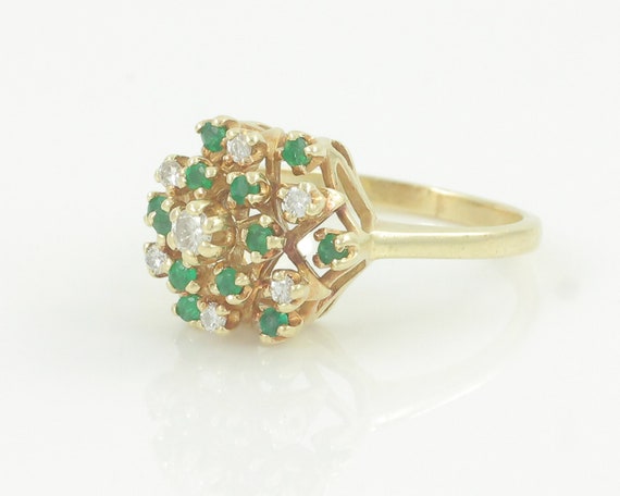 Vintage 14K Diamond Emerald Cluster Ring, 1960s R… - image 4
