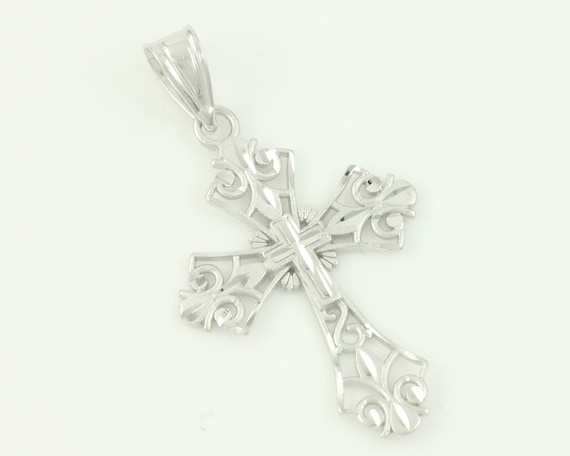 Vintage 14K White Gold Filigree Cross Necklace, 1… - image 1