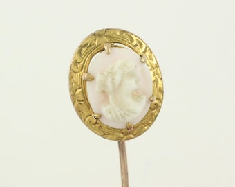 Vintage 10K Gold Hand Carved Shell Cameo Stick Pin, Decorated 10K Edwardian Shell Cameo Cravat Pin, Antique Cameo Stick Pin, Vintage Jewelry