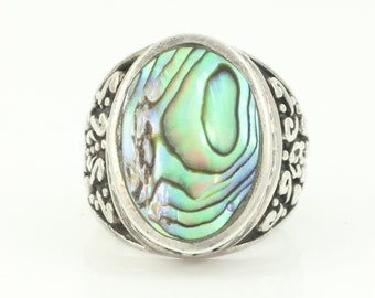 Vintage Sterling Abalone Shell Statement Ring, Vintage 925 Silver Abalone Ring, Ornate Size 7 Sterling Silver Abalone Ring, Vintage Jewelry