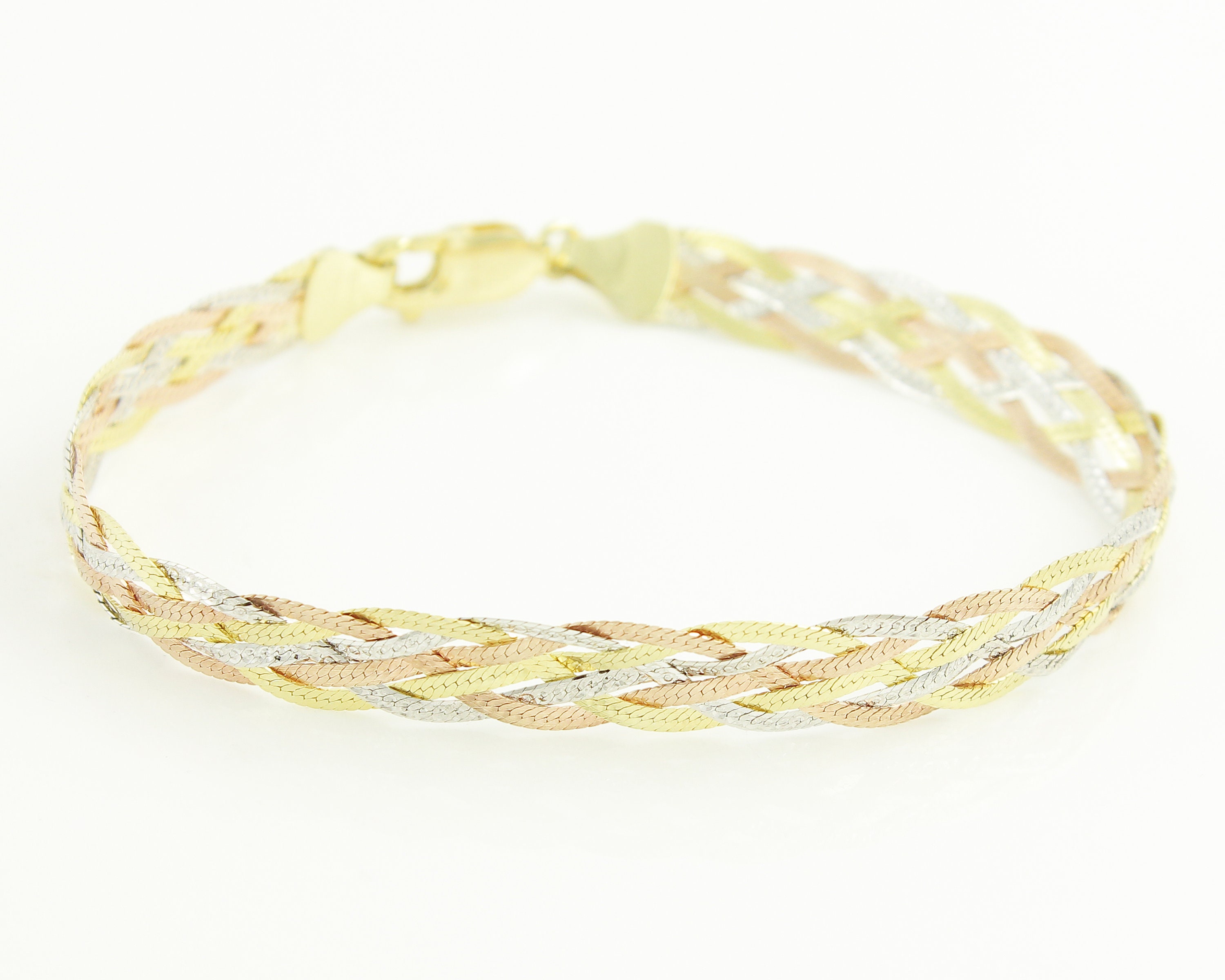 Sterling 10K Gold Filled Braided Herringbone Bracelet 1980s Tri Color