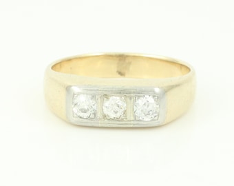 Vintage Mans 14K Yellow Gold Old European Cut Diamond Ring, 14K Gold 0.63 CT Diamond Band, 20s Mens 3 Diamond Ring Size 11.5,Vintage Jewelry