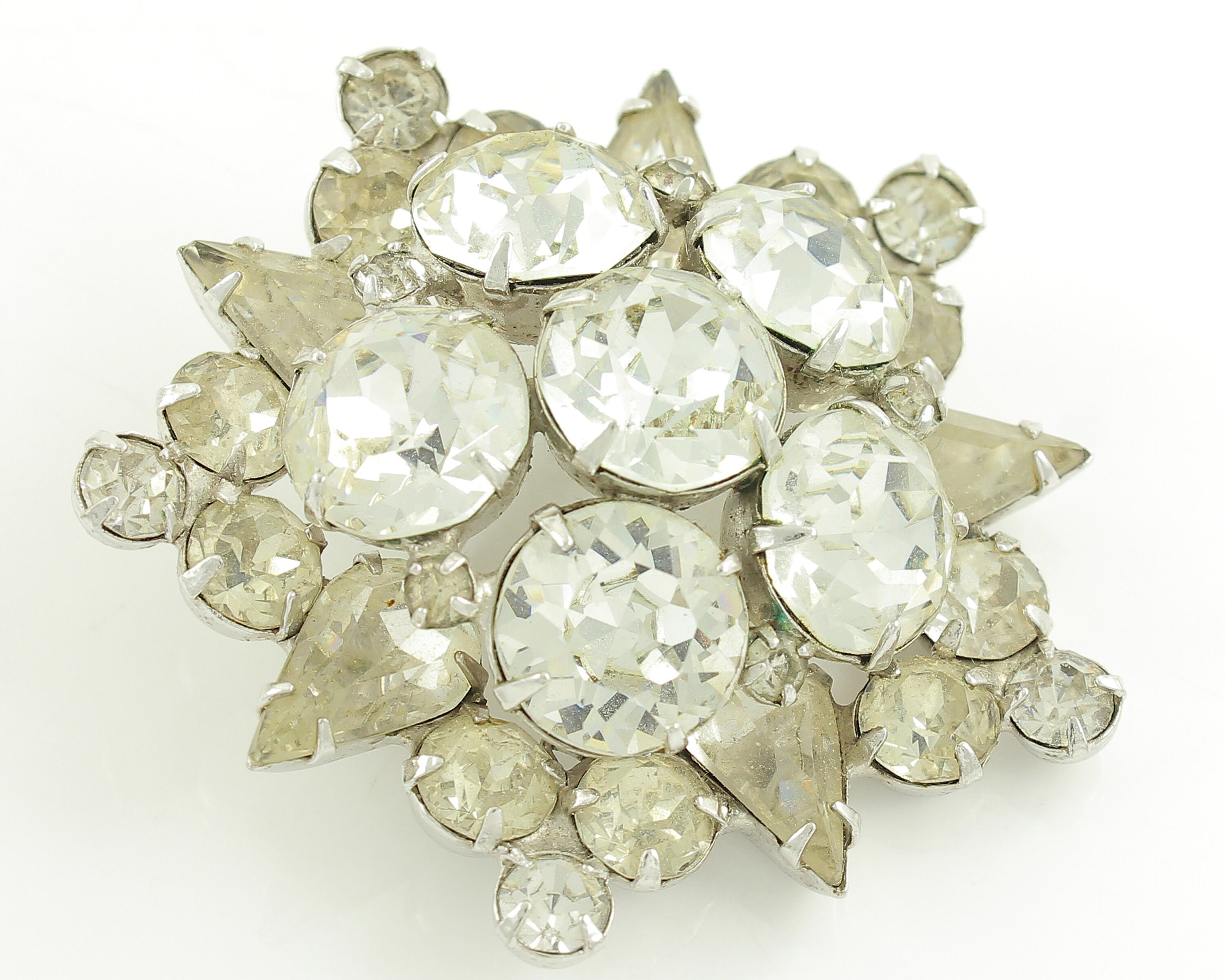 Vintage Eisenberg Clear Rhinestone Star Brooch - Large Silver Tone Crystal  Pin - Block Signature 1 7/8 Inches circa 1950 - Vintage Jewelry