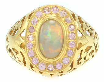 Vintage 18K Natural Opal Pink Sapphire Ring, Vintage 18K Gold Filigree Lightning Ridge Opal Ring, Size 6.5 18K Opal Ring, Vintage Jewelry