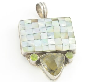 Large Sterling Silver Checker Board Mother of Pearl Mosaic Peridot Smoky Quartz Pendant - Chunky 35 grams 925 MD - Vintage Estate Jewelry