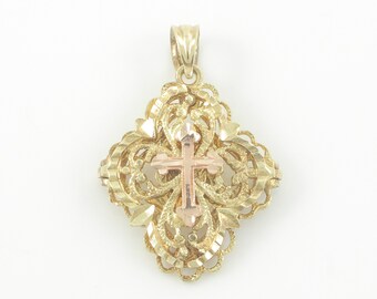 Vintage 14K Yellow Rose Opening Religious Pendant, 14K OroAmerica Cross Christ Pendant, 14K Diamond Cut Filigree Pendant, Vintage Jewelry