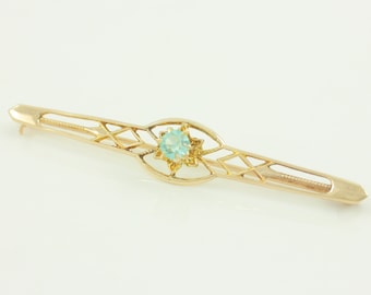 Edwardian 10K Filigree Blue Stone Bar Pin, 10K Antique Dainty Filigree Brooch, Vintage 10K Delicate Aquamarine Glas Pin, Vintage Jewelry