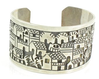 Vintage Mexican Silver Los Ballesteros Cuff Bracelet, Sterling Silver Story Teller Village Scene Bracelet, Taxco .81g Cuff, Vintage Jewelry