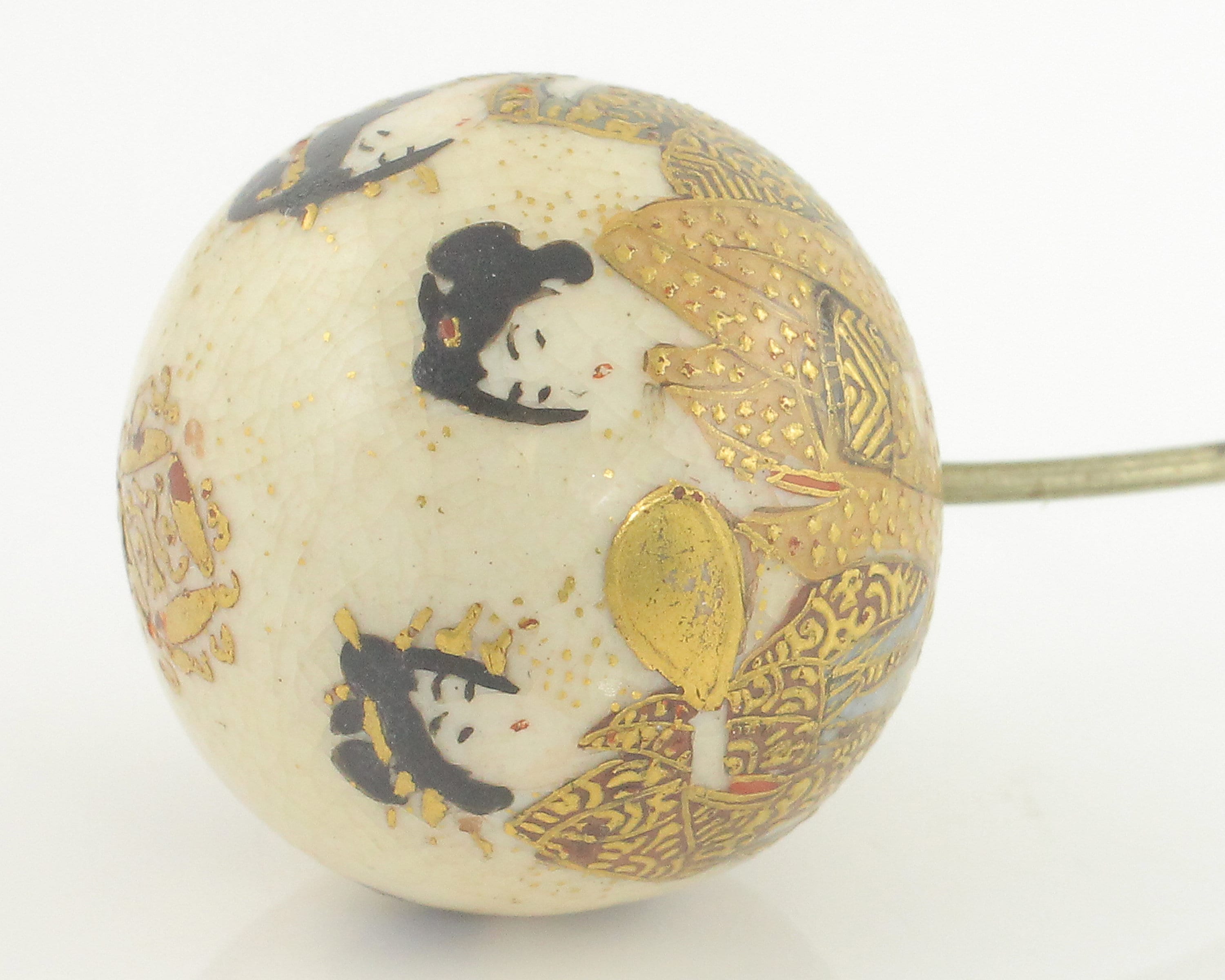 Satsuma Porcelain Sphere Geisha Women Hat Pin Gold Decoration