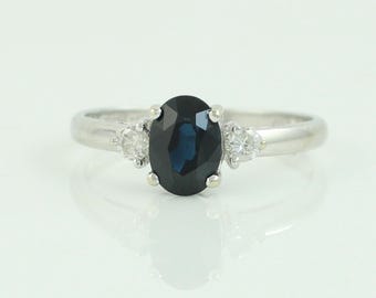 Vintage 14K White Gold Sapphire Diamond Ring, 14K White Gold Green Blue Sapphire Solitaire Ring, September Birthstone Ring, Vintage Jewelry