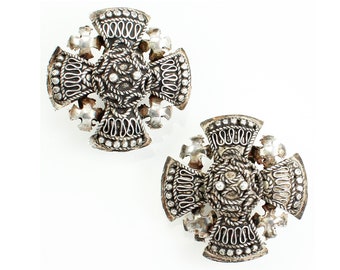 Vintage Jerusalem Cross Earrings, 950 Sterling Silver Maltese Cross Clip On Earrings, Vintage Cannetille Filigree Jewelry, Vintage Jewelry