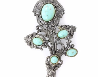 Vintage Turquoise Colored Glass Antiqued Silver Tone Brooch, Rococo Style Dark Silver Blue Brooch, 1950s Flower Boutonniere, Vintage Jewelry