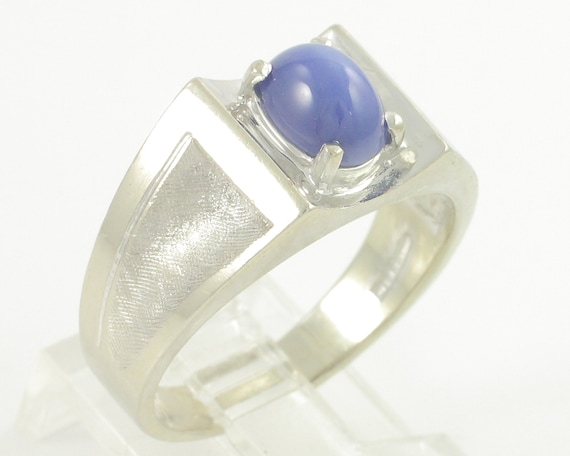 Vintage Star Sapphire Ring for Man, 14K White Gol… - image 2