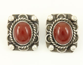 Vintage Carnelian 800 Silver Earrings, 1950s 800 Silver Carnelian Cabochon Clip On Earrings, Vintage Carnelian Earrings, Vintage Jewelry