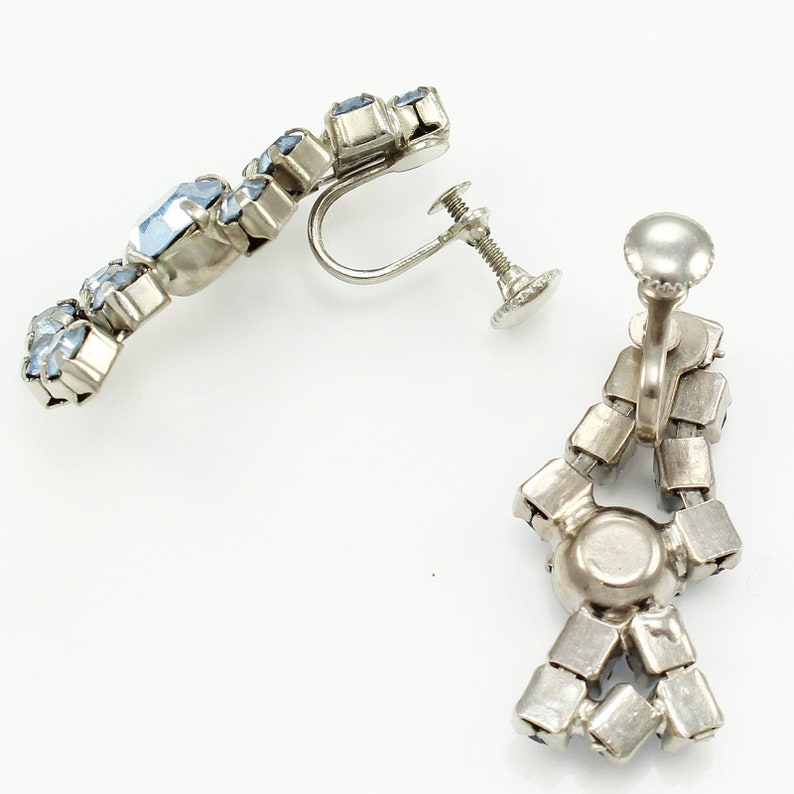 Necklace Bracelet Screw Back Dangle Earrings in Baby Blue Crystal Vintage Pale Blue Rhinestone Jewelry Parure in Silver Tone c 1950
