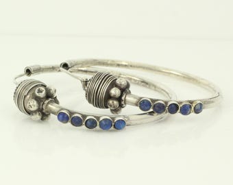 Vintage Tribal Lapis Sterling Silver Earrings, 925 Silver Oversized Hoop with Lapis Lazuli, Vintage Silver Hippie Hoops, Vintage Jewelry