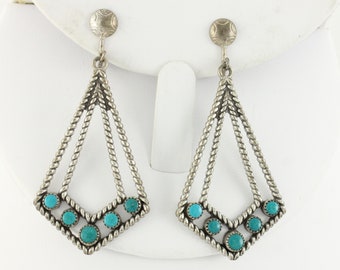 Vintage Southwestern Turquoise Sterling Dangle Earrings, Harvey Era Turquoise Sterling Silver Drop Earrings 2 Inch Long, Vintage Jewelry