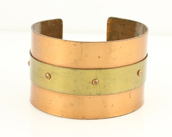 Vintage Mid Century Modern Copper Brass Riveted Cuff Bracelet, Modernist Copper Brass Bracelet Handmade by Hilary, Vintage Jewelry