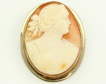 Large Antique 10K Hera Shell Cameo Brooch - Yellow Gold Carved Shell Hera Brooch Pin - Edwardian Fine Jewelry