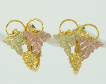 Vintage 10K Black Hills Gold Grape Cluster Leaf Clip On Earrings, 1980s Landstrom Black Hills Grapes 10K Gold 12K GF Clips, Vintage Jewelry