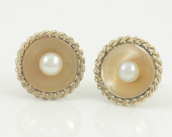 10K Gold Saucer Pearl Earrings, Akoya White Cultu… - image 2