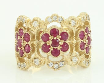 Vintage Effy 14K Ruby Diamond Flower Cluster Wide Band Ring, 14K Gold Ruby Diamond Wedding Band Ring, July Birthstone Ring, Vintage Jewelry