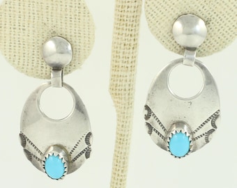 Vintage Turquoise Sterling Dangle Earrings, Southwestern Turquoise Earrings, Turquoise Stamped Silver Drop Earrings, Vintage Jewelry