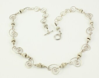 Vintage Sterling Silver Bead Swirl Necklace, Vintage Artisan 925 Silver Bead Necklace 20" Long, 925 Sterling Silver Beads, Vintage Jewelry