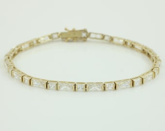 Vintage 14K Cubic Zirconia Tennis Bracelet, 14K Emerald Cut CZ 5 CT Bracelet, Diamonique CZ 14K Straight Line Bracelet, Vintage Jewelry