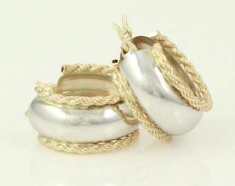 Vintage 14K Yellow and White Gold Hoop Earrings, Vintage 14K 2-Tone Wide Hoop Earrings, 14K Solid Gold Vintage Hoops, Vintage Jewelry