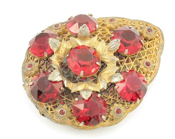 Vintage Filigree Red Crystal Dress Clip, Gold Tone Floral Dress Clip, Red Rhinestone Dress Clip, 1930s Pin, Vintage Jewelry, Estate Jewelry