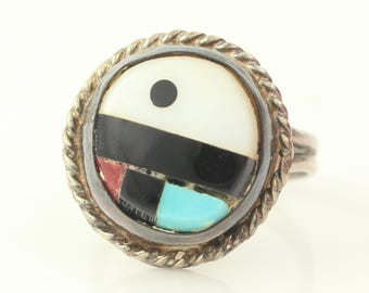 Vintage Sterling Multi Stone Inlay Sunface Ring, 1970s Southwestern Inlaid Turquoise Coral Sun Face, Size 5 Vintage Ring, Vintage Jewelry